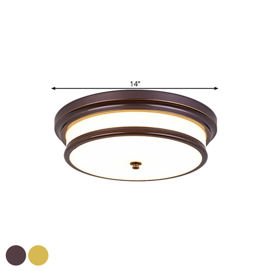 Drum-Like Corridor Ceiling Fixture Vintage Cream Glass Black/Gold LED Flush Mount Lighting, 14"/16" Width Clearhalo 'Ceiling Lights' 'Close To Ceiling Lights' 'Close to ceiling' 'Flush mount' Lighting' 1515613