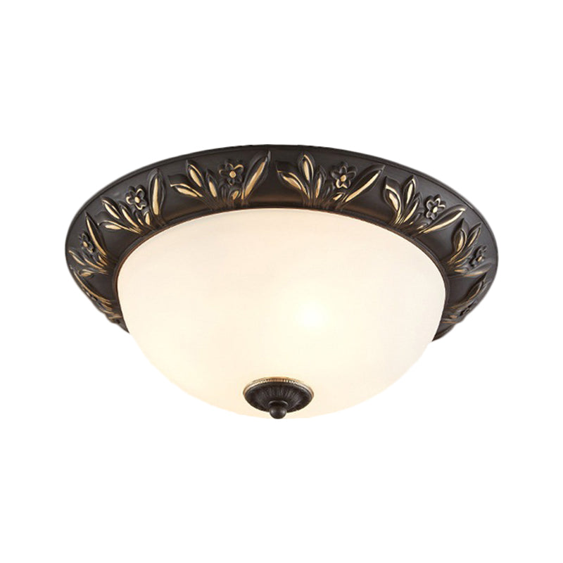 Frosted Glass Dome Flush Lamp Antiqued 12"/15.5" W 2/3-Head Bedroom Ceiling Fixture with Flower Edge Design in Brass/Black and Gold Clearhalo 'Ceiling Lights' 'Close To Ceiling Lights' 'Close to ceiling' 'Flush mount' Lighting' 1515631