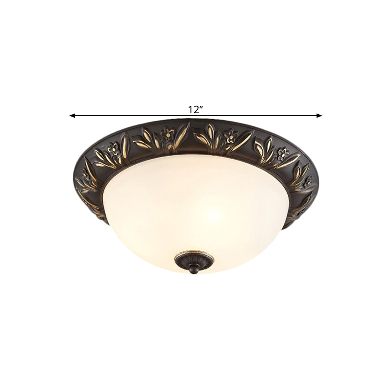 Frosted Glass Dome Flush Lamp Antiqued 12"/15.5" W 2/3-Head Bedroom Ceiling Fixture with Flower Edge Design in Brass/Black and Gold Clearhalo 'Ceiling Lights' 'Close To Ceiling Lights' 'Close to ceiling' 'Flush mount' Lighting' 1515632