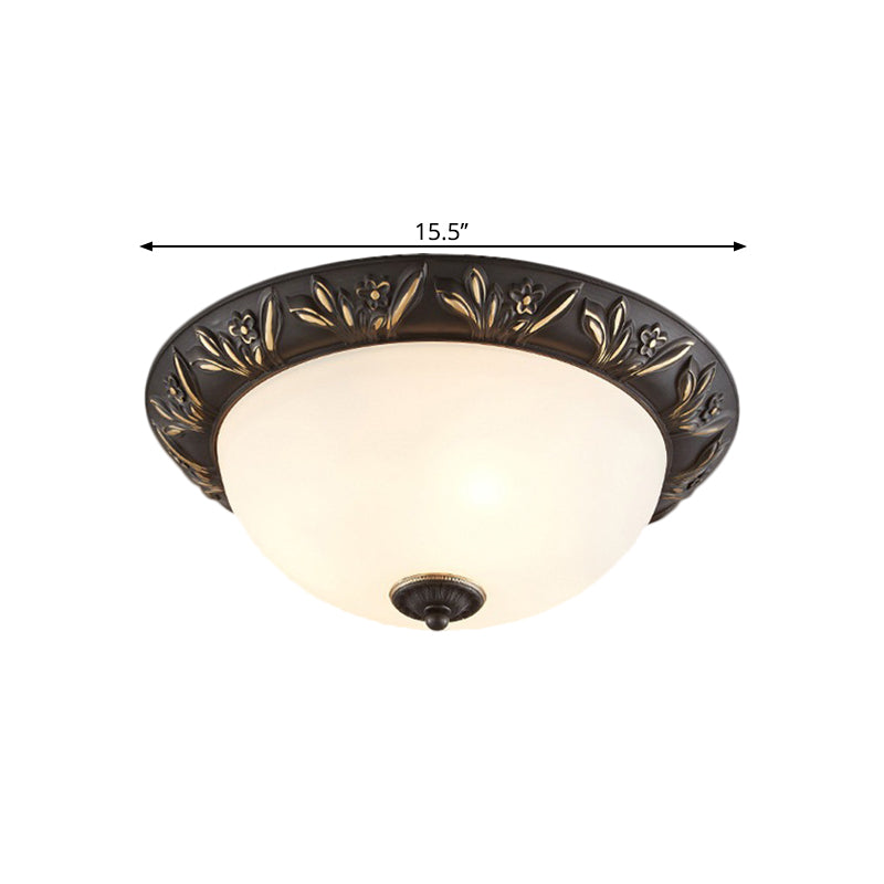 Frosted Glass Dome Flush Lamp Antiqued 12"/15.5" W 2/3-Head Bedroom Ceiling Fixture with Flower Edge Design in Brass/Black and Gold Clearhalo 'Ceiling Lights' 'Close To Ceiling Lights' 'Close to ceiling' 'Flush mount' Lighting' 1515633