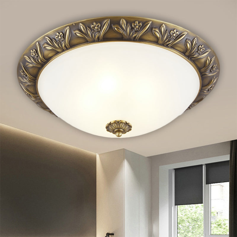 Frosted Glass Dome Flush Lamp Antiqued 12"/15.5" W 2/3-Head Bedroom Ceiling Fixture with Flower Edge Design in Brass/Black and Gold Brass Clearhalo 'Ceiling Lights' 'Close To Ceiling Lights' 'Close to ceiling' 'Flush mount' Lighting' 1515634