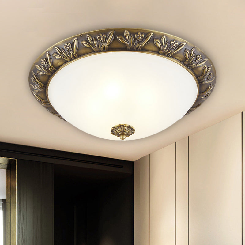 Frosted Glass Dome Flush Lamp Antiqued 12"/15.5" W 2/3-Head Bedroom Ceiling Fixture with Flower Edge Design in Brass/Black and Gold Clearhalo 'Ceiling Lights' 'Close To Ceiling Lights' 'Close to ceiling' 'Flush mount' Lighting' 1515636