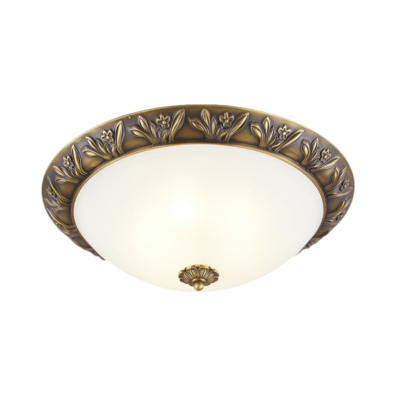 Frosted Glass Dome Flush Lamp Antiqued 12"/15.5" W 2/3-Head Bedroom Ceiling Fixture with Flower Edge Design in Brass/Black and Gold Clearhalo 'Ceiling Lights' 'Close To Ceiling Lights' 'Close to ceiling' 'Flush mount' Lighting' 1515637