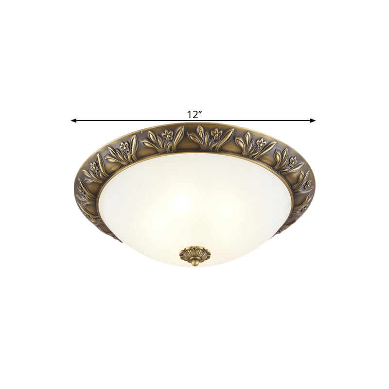 Frosted Glass Dome Flush Lamp Antiqued 12"/15.5" W 2/3-Head Bedroom Ceiling Fixture with Flower Edge Design in Brass/Black and Gold Clearhalo 'Ceiling Lights' 'Close To Ceiling Lights' 'Close to ceiling' 'Flush mount' Lighting' 1515638