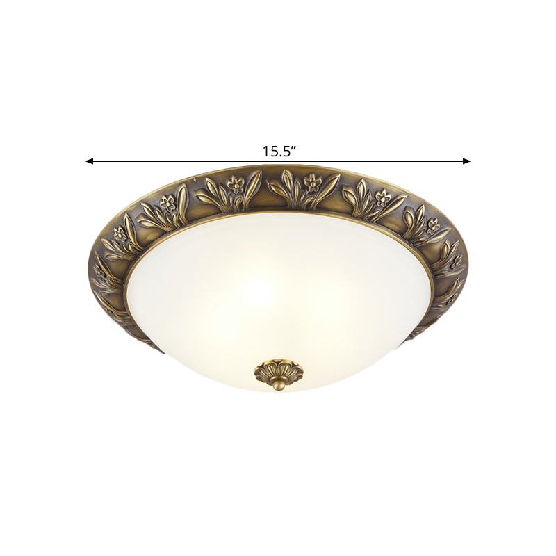 Frosted Glass Dome Flush Lamp Antiqued 12"/15.5" W 2/3-Head Bedroom Ceiling Fixture with Flower Edge Design in Brass/Black and Gold Clearhalo 'Ceiling Lights' 'Close To Ceiling Lights' 'Close to ceiling' 'Flush mount' Lighting' 1515639