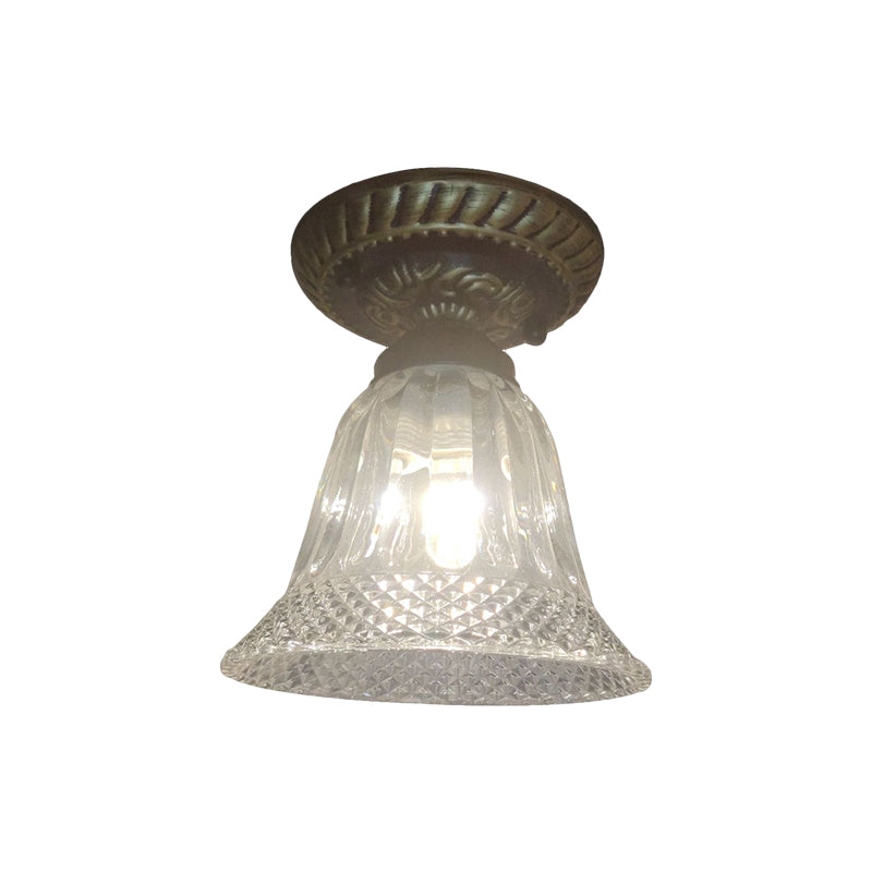 1-Bulb Bell Shape Ceiling Lighting Farmhouse Black Clear Prismatic Glass Flush Mount Fixture Clearhalo 'Ceiling Lights' 'Close To Ceiling Lights' 'Close to ceiling' 'Flush mount' Lighting' 1515654