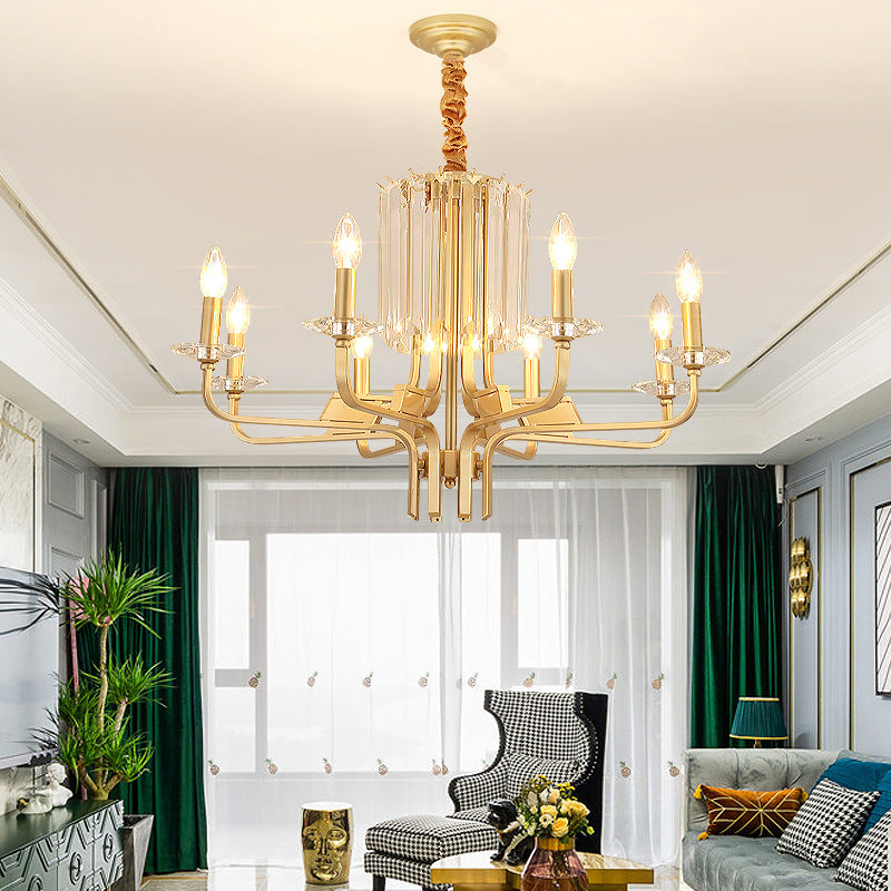 4/6/8 Lights Brass Hanging Ceiling Light Vintage Metallic Bare Bulb Hanging Chandelier Lamp with Crystal Deco 8 Brass Clearhalo 'Ceiling Lights' 'Chandeliers' 'Modern Chandeliers' 'Modern' Lighting' 151569