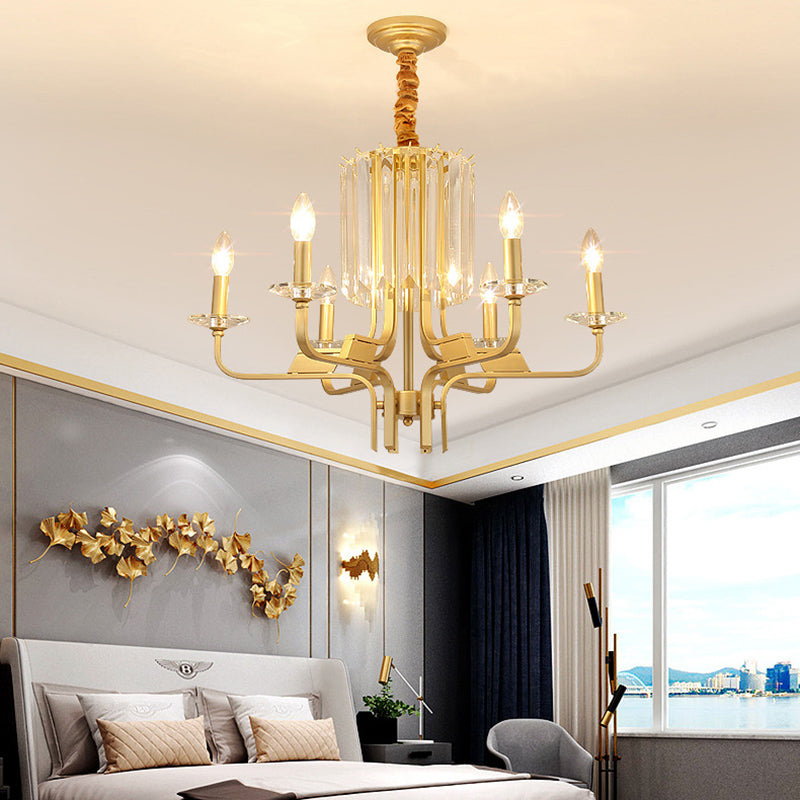 4/6/8 Lights Brass Hanging Ceiling Light Vintage Metallic Bare Bulb Hanging Chandelier Lamp with Crystal Deco 6 Brass Clearhalo 'Ceiling Lights' 'Chandeliers' 'Modern Chandeliers' 'Modern' Lighting' 151573