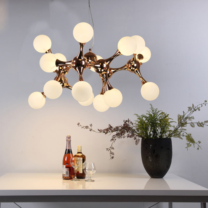 Starburst Chandelier Lighting Metal Contemporary 9/15 Lights Rose Gold Ceiling Pendant Lamp with White Glass Bubble Shade Clearhalo 'Ceiling Lights' 'Chandeliers' 'Glass shade' 'Glass' 'Modern Chandeliers' 'Modern' Lighting' 151584