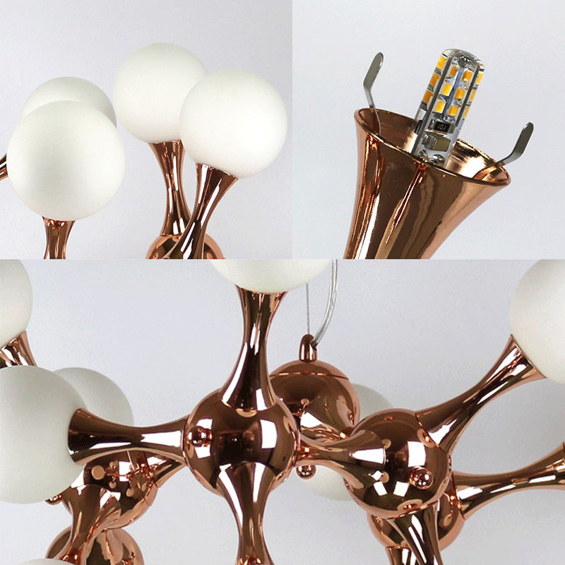 Starburst Chandelier Lighting Metal Contemporary 9/15 Lights Rose Gold Ceiling Pendant Lamp with White Glass Bubble Shade Clearhalo 'Ceiling Lights' 'Chandeliers' 'Glass shade' 'Glass' 'Modern Chandeliers' 'Modern' Lighting' 151588