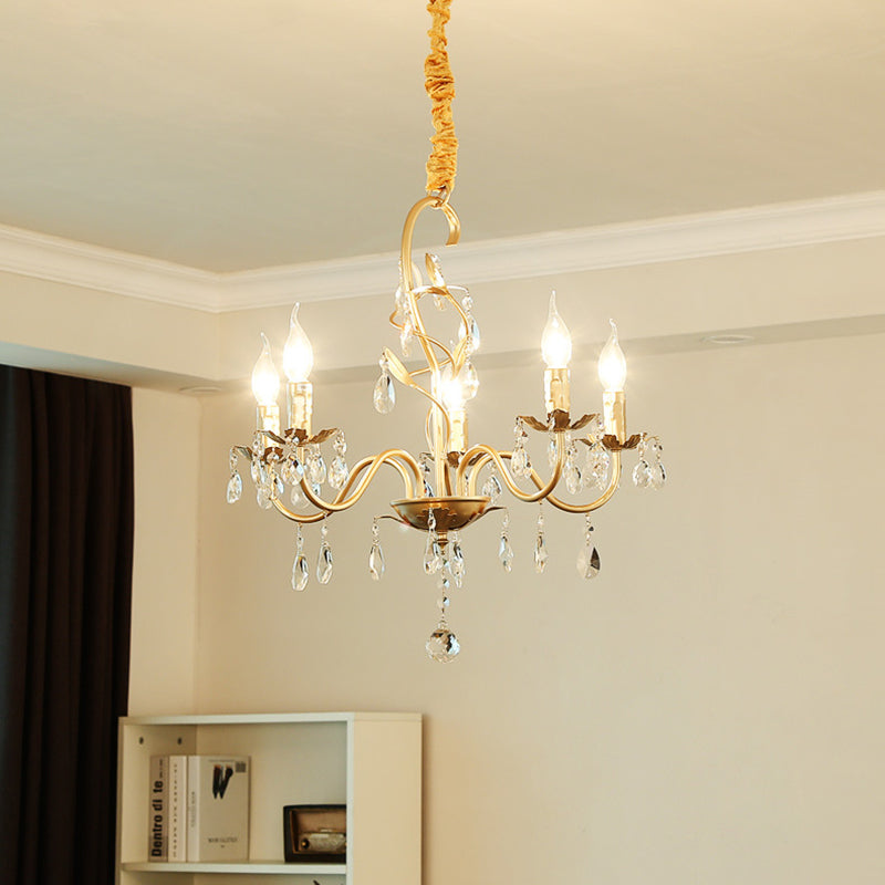 5/8-Light Metallic Chandelier Lamp Modern Gold Finish Exposed Pendant Chandelier Light with Crystal Deco and Curved Arm 5 Gold Clearhalo 'Ceiling Lights' 'Chandeliers' 'Modern Chandeliers' 'Modern' Lighting' 151598