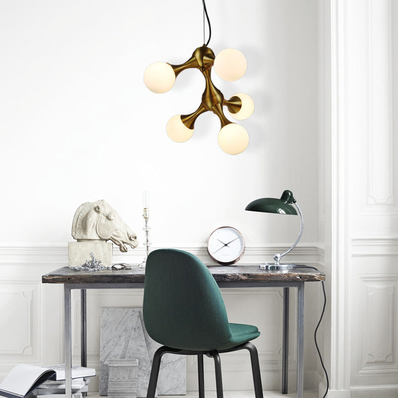 Metal Starburst Chandelier Lamp Modern 5/9/15 Lights Brass Chandelier Light with White Glass Globe Shade 5 Brass Clearhalo 'Ceiling Lights' 'Chandeliers' 'Glass shade' 'Glass' 'Modern Chandeliers' 'Modern' Lighting' 151601