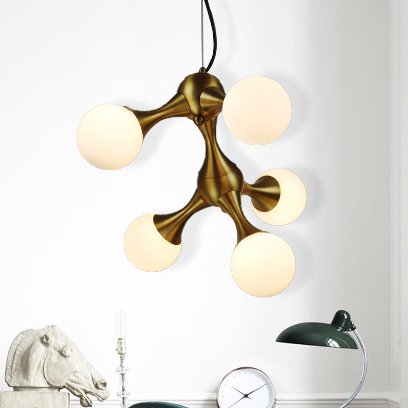 Metal Starburst Chandelier Lamp Modern 5/9/15 Lights Brass Chandelier Light with White Glass Globe Shade Clearhalo 'Ceiling Lights' 'Chandeliers' 'Glass shade' 'Glass' 'Modern Chandeliers' 'Modern' Lighting' 151602