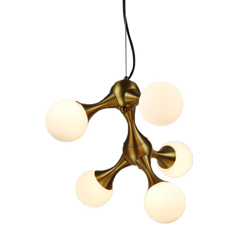 Metal Starburst Chandelier Lamp Modern 5/9/15 Lights Brass Chandelier Light with White Glass Globe Shade Clearhalo 'Ceiling Lights' 'Chandeliers' 'Glass shade' 'Glass' 'Modern Chandeliers' 'Modern' Lighting' 151603