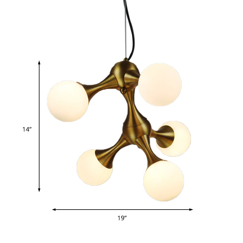 Metal Starburst Chandelier Lamp Modern 5/9/15 Lights Brass Chandelier Light with White Glass Globe Shade Clearhalo 'Ceiling Lights' 'Chandeliers' 'Glass shade' 'Glass' 'Modern Chandeliers' 'Modern' Lighting' 151604