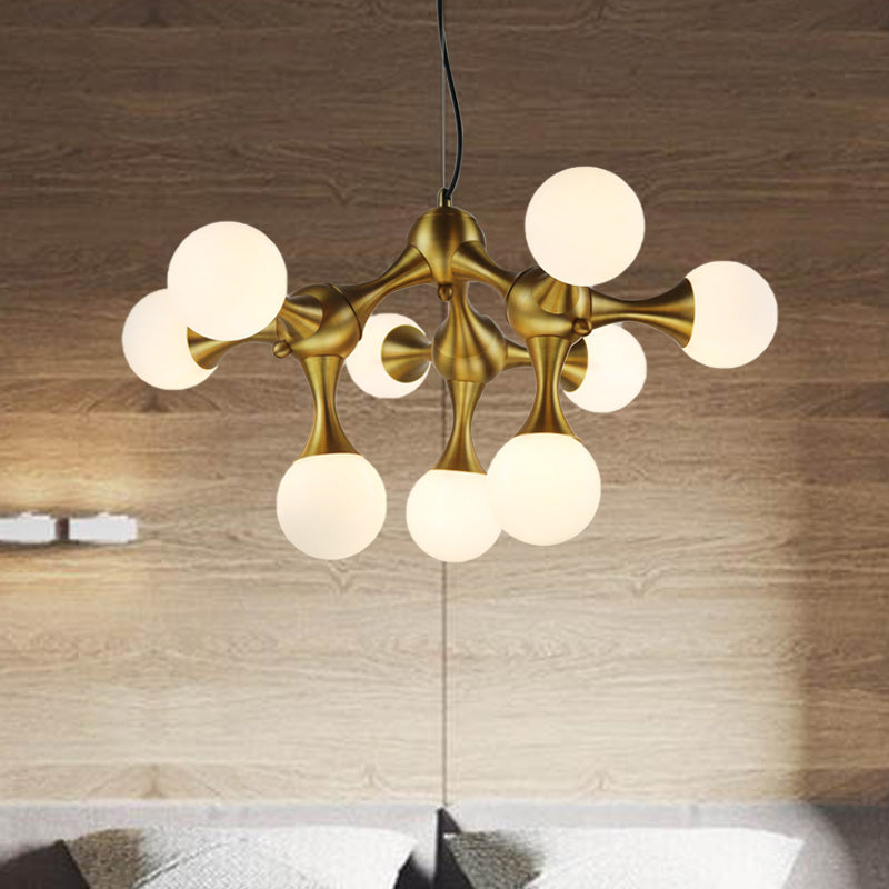 Metal Starburst Chandelier Lamp Modern 5/9/15 Lights Brass Chandelier Light with White Glass Globe Shade 9 Brass Clearhalo 'Ceiling Lights' 'Chandeliers' 'Glass shade' 'Glass' 'Modern Chandeliers' 'Modern' Lighting' 151605