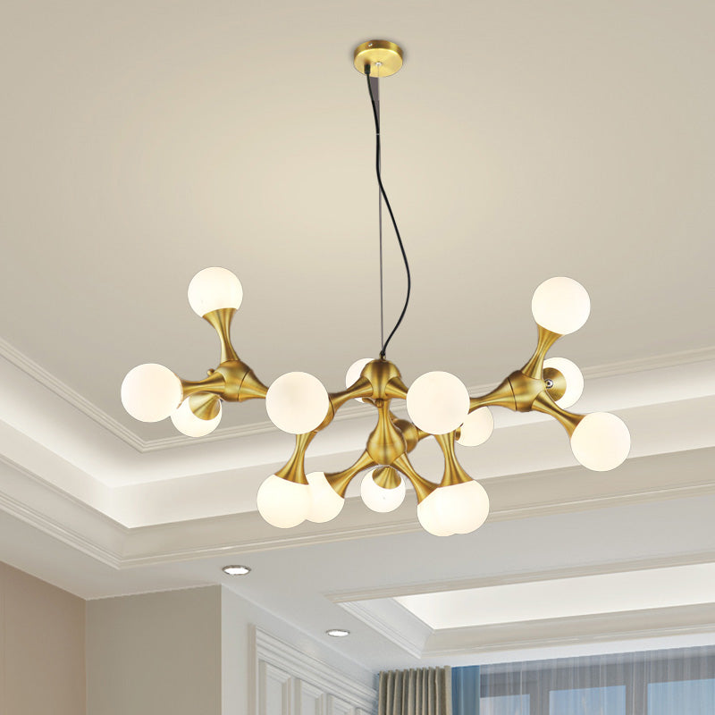 Metal Starburst Chandelier Lamp Modern 5/9/15 Lights Brass Chandelier Light with White Glass Globe Shade 15 Brass Clearhalo 'Ceiling Lights' 'Chandeliers' 'Glass shade' 'Glass' 'Modern Chandeliers' 'Modern' Lighting' 151609