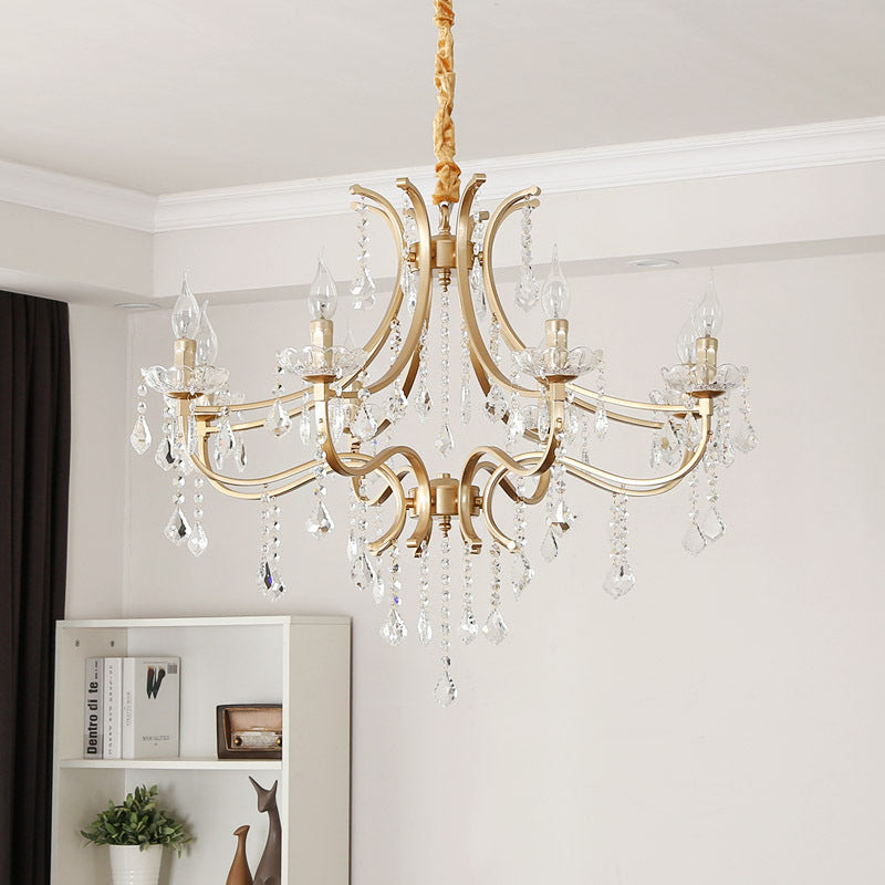 Metal Flameless Candle Pendant Chandelier Light Modernism 6/8 Heads Hanging Lamp with Crystal Bead in Gold 8 Gold Clearhalo 'Ceiling Lights' 'Chandeliers' 'Modern Chandeliers' 'Modern' Lighting' 151652