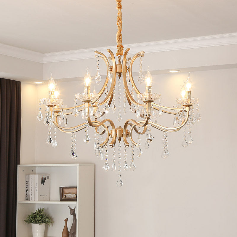 Metal Flameless Candle Pendant Chandelier Light Modernism 6/8 Heads Hanging Lamp with Crystal Bead in Gold Clearhalo 'Ceiling Lights' 'Chandeliers' 'Modern Chandeliers' 'Modern' Lighting' 151653