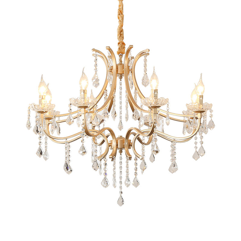 Metal Flameless Candle Pendant Chandelier Light Modernism 6/8 Heads Hanging Lamp with Crystal Bead in Gold Clearhalo 'Ceiling Lights' 'Chandeliers' 'Modern Chandeliers' 'Modern' Lighting' 151654