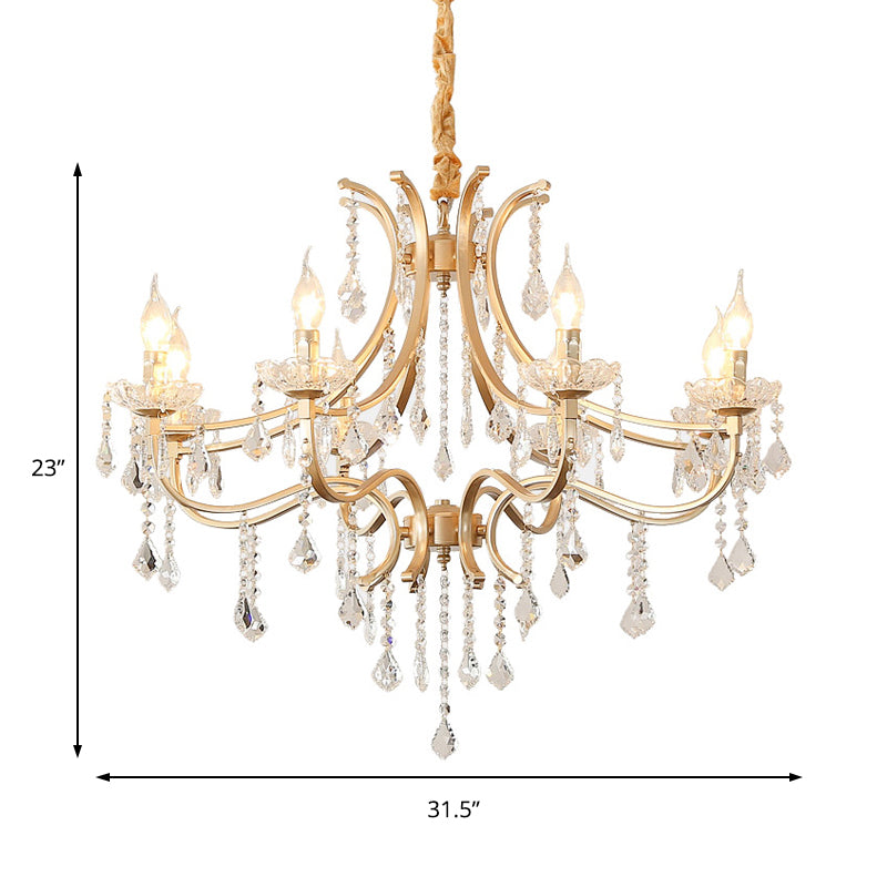 Metal Flameless Candle Pendant Chandelier Light Modernism 6/8 Heads Hanging Lamp with Crystal Bead in Gold Clearhalo 'Ceiling Lights' 'Chandeliers' 'Modern Chandeliers' 'Modern' Lighting' 151655