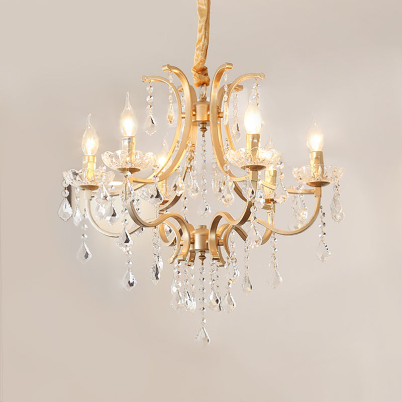 Metal Flameless Candle Pendant Chandelier Light Modernism 6/8 Heads Hanging Lamp with Crystal Bead in Gold Clearhalo 'Ceiling Lights' 'Chandeliers' 'Modern Chandeliers' 'Modern' Lighting' 151660