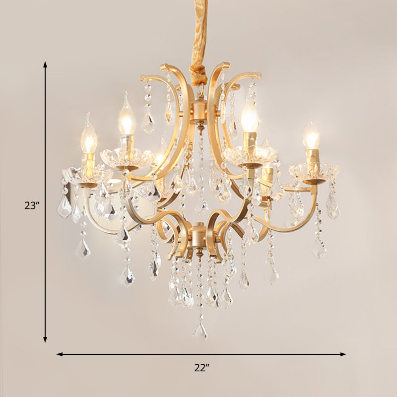 Metal Flameless Candle Pendant Chandelier Light Modernism 6/8 Heads Hanging Lamp with Crystal Bead in Gold Clearhalo 'Ceiling Lights' 'Chandeliers' 'Modern Chandeliers' 'Modern' Lighting' 151661