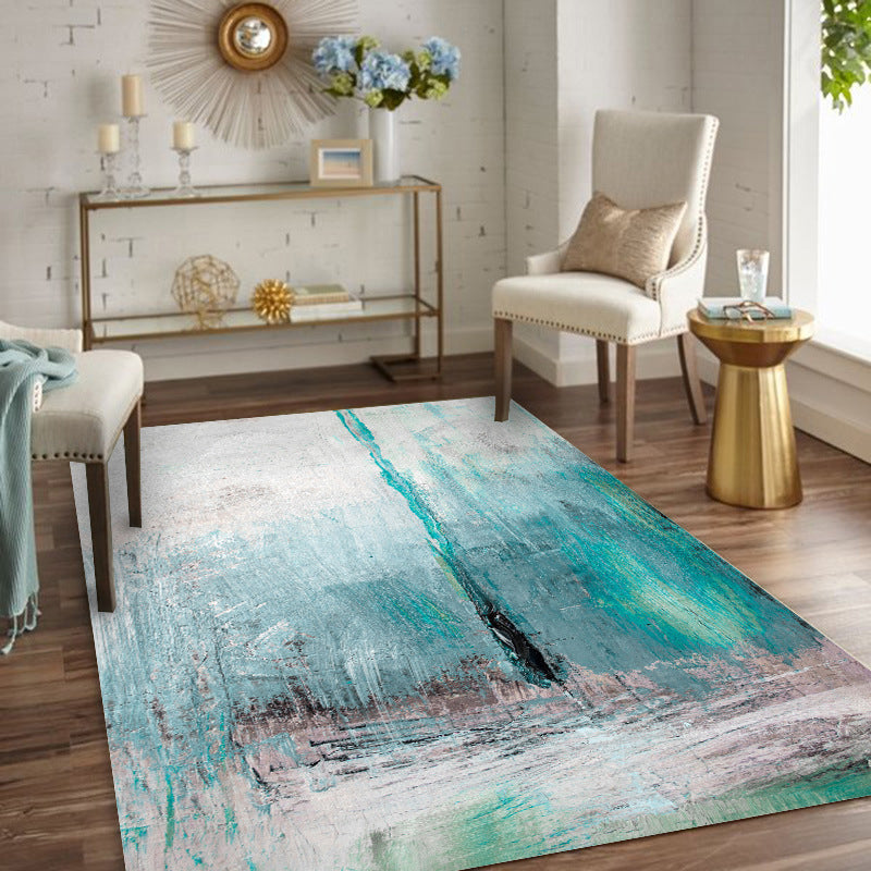 White and Blue Bedroom Rug Modern Abstract Oil-painting Pattern Area Rug Polyester Washable Carpet Clearhalo 'Area Rug' 'Modern' 'Rugs' Rug' 1516692