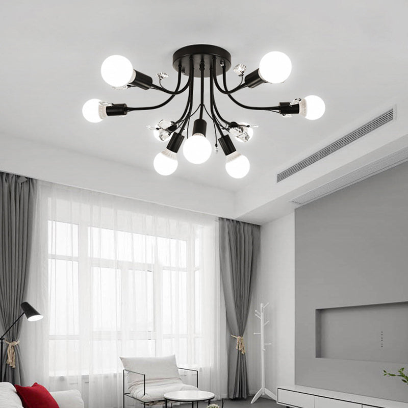 Black/White/Gold Curved Arms Semi Flush Mount Light Nordic Metal 6/9 Lights Ceiling Flush Mount for Bedroom 9 Black Clearhalo 'Ceiling Lights' 'Close To Ceiling Lights' 'Close to ceiling' 'Semi-flushmount' Lighting' 151690