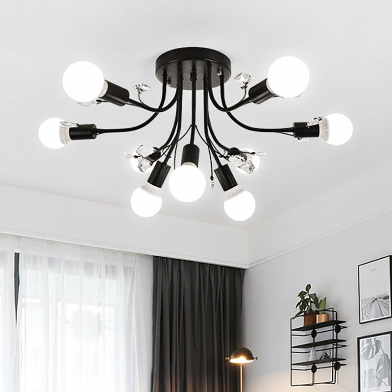 Black/White/Gold Curved Arms Semi Flush Mount Light Nordic Metal 6/9 Lights Ceiling Flush Mount for Bedroom Clearhalo 'Ceiling Lights' 'Close To Ceiling Lights' 'Close to ceiling' 'Semi-flushmount' Lighting' 151691