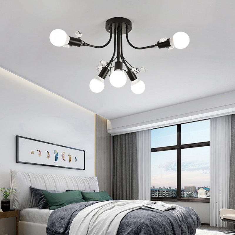 Black/White/Gold Curved Arms Semi Flush Mount Light Nordic Metal 6/9 Lights Ceiling Flush Mount for Bedroom 6 Black Clearhalo 'Ceiling Lights' 'Close To Ceiling Lights' 'Close to ceiling' 'Semi-flushmount' Lighting' 151693