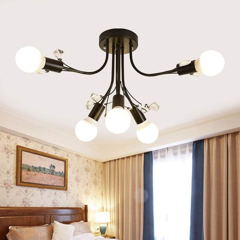 Black/White/Gold Curved Arms Semi Flush Mount Light Nordic Metal 6/9 Lights Ceiling Flush Mount for Bedroom Clearhalo 'Ceiling Lights' 'Close To Ceiling Lights' 'Close to ceiling' 'Semi-flushmount' Lighting' 151694