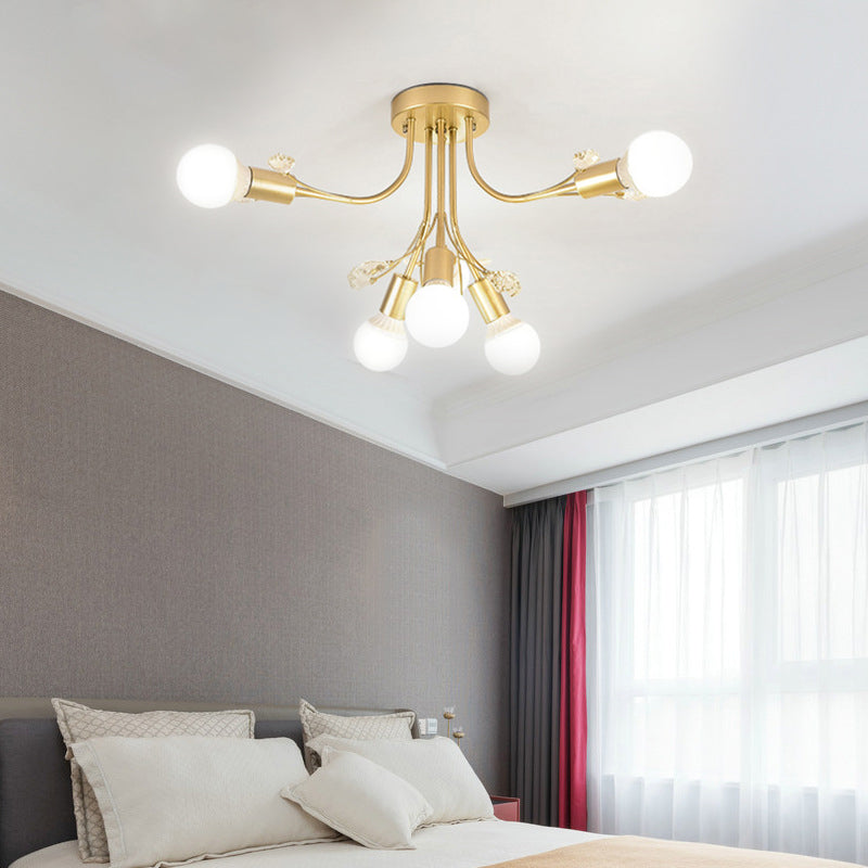 Black/White/Gold Curved Arms Semi Flush Mount Light Nordic Metal 6/9 Lights Ceiling Flush Mount for Bedroom 6 Gold Clearhalo 'Ceiling Lights' 'Close To Ceiling Lights' 'Close to ceiling' 'Semi-flushmount' Lighting' 151706