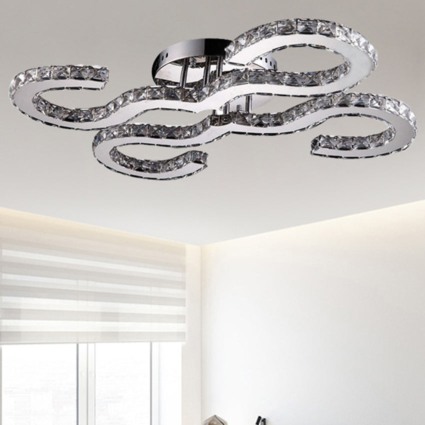 Contemporary Curved Ceiling Light Crystal and Metal Warm/White/3 Color Lighting Sconce Light in Chrome for Bedroom Clearhalo 'Ceiling Lights' 'Close To Ceiling Lights' 'Close to ceiling' 'Semi-flushmount' Lighting' 151711