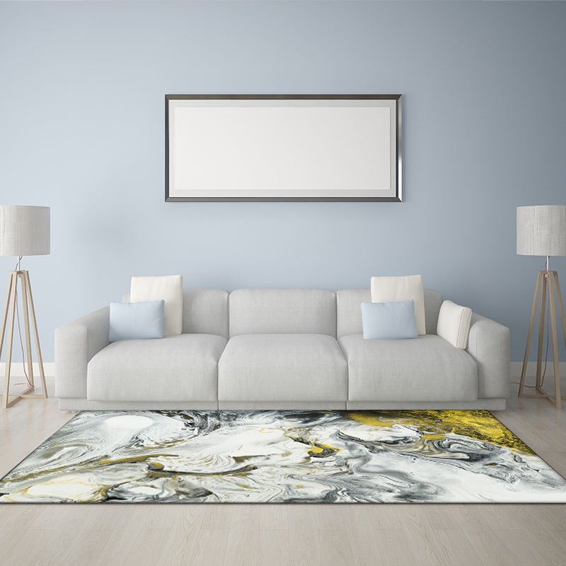 Contemporary Modern Rug in White Abstract Paint Print Area Rug Polyester Washable Carpet for Bedroom Yellow Clearhalo 'Area Rug' 'Modern' 'Rugs' Rug' 1517167