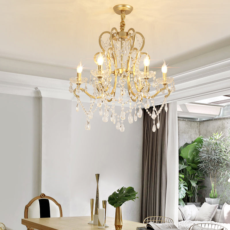 Gold/White Metal Hanging Chandelier Lamp Vintage Geometric 4/5/6 Heads Lighting Fixture with Crystal Bead Decoration 6 Gold Clearhalo 'Ceiling Lights' 'Chandeliers' 'Modern Chandeliers' 'Modern' Lighting' 151742