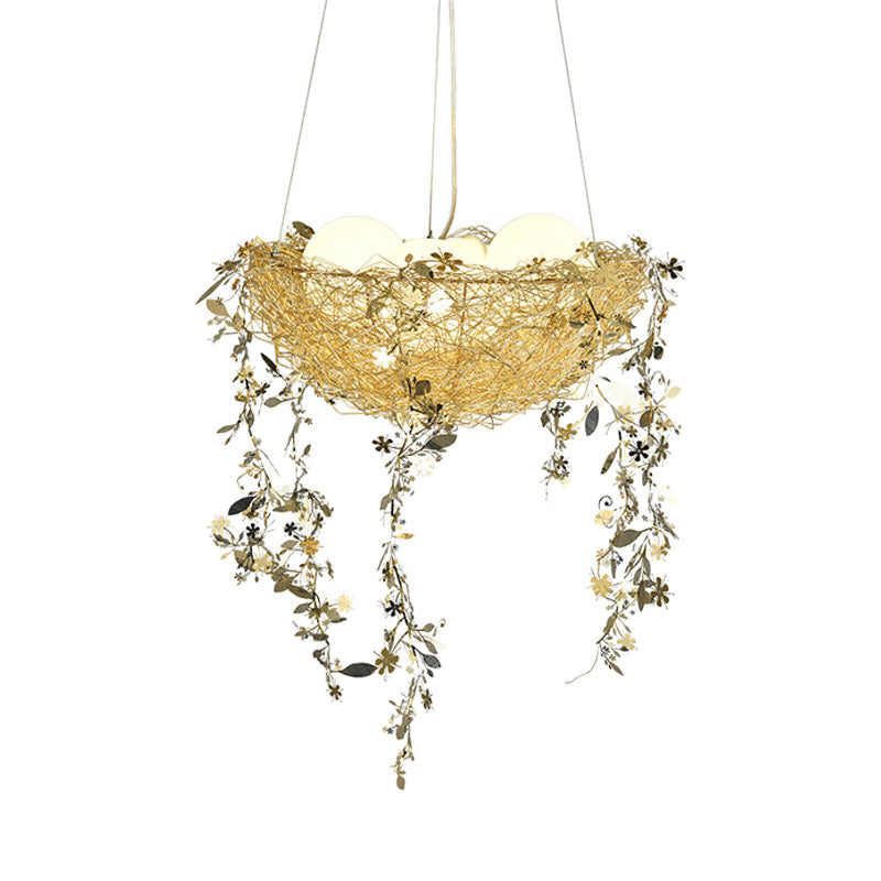 Nest Metal Chandelier Lighting Art Deco 4 Lights Silver/Gold Hanging Ceiling Lamp with Milk Glass Globe Shade Clearhalo 'Ceiling Lights' 'Chandeliers' 'Modern Chandeliers' 'Modern' Lighting' 151750