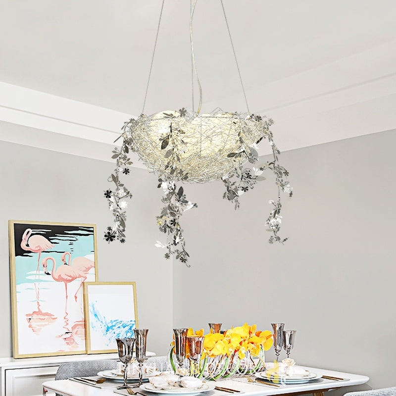 Nest Metal Chandelier Lighting Art Deco 4 Lights Silver/Gold Hanging Ceiling Lamp with Milk Glass Globe Shade Silver Clearhalo 'Ceiling Lights' 'Chandeliers' 'Modern Chandeliers' 'Modern' Lighting' 151753