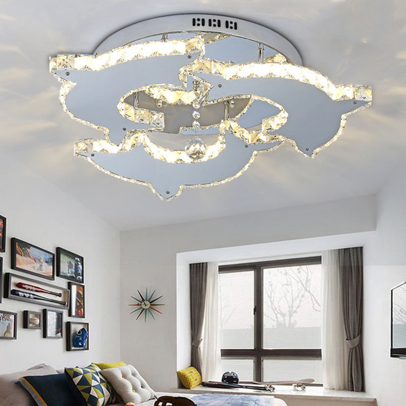 Modern Style Dolphin Semi Flush Mount Light Crystal and Metal 2/3 Heads Ceiling Light in Nickel 3 Nickel Clearhalo 'Ceiling Lights' 'Close To Ceiling Lights' 'Close to ceiling' 'Semi-flushmount' Lighting' 151756