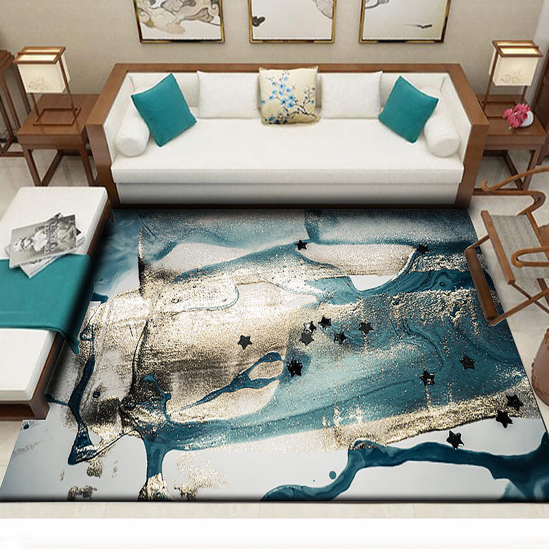 Blue Bedroom Rug Modern Abstract Star Painting Pattern Area Rug Polyester Washable Carpet Gold Clearhalo 'Area Rug' 'Modern' 'Rugs' Rug' 1517572