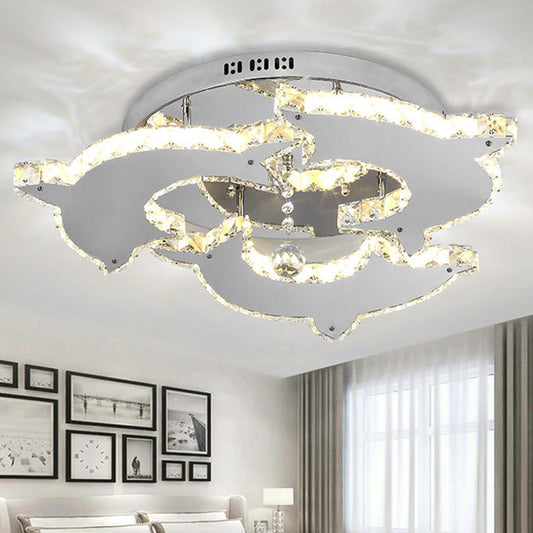 Modern Style Dolphin Semi Flush Mount Light Crystal and Metal 2/3 Heads Ceiling Light in Nickel Clearhalo 'Ceiling Lights' 'Close To Ceiling Lights' 'Close to ceiling' 'Semi-flushmount' Lighting' 151757