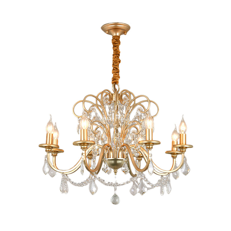 Flameless Candle Metal Pendant Chandelier Light Vintage Gold 3/6-Heads Hanging Lamp with Crystal Decoration Clearhalo 'Ceiling Lights' 'Chandeliers' 'Modern Chandeliers' 'Modern' Lighting' 151766