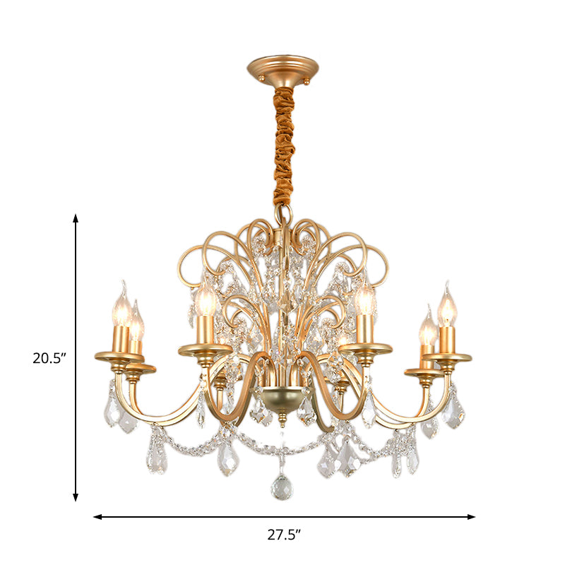 Flameless Candle Metal Pendant Chandelier Light Vintage Gold 3/6-Heads Hanging Lamp with Crystal Decoration Clearhalo 'Ceiling Lights' 'Chandeliers' 'Modern Chandeliers' 'Modern' Lighting' 151767