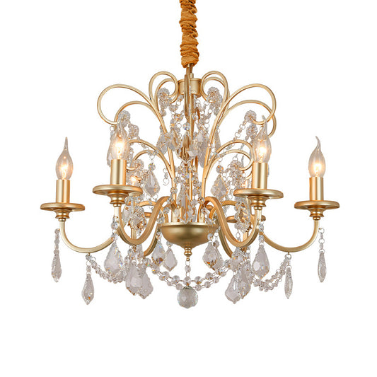 Flameless Candle Metal Pendant Chandelier Light Vintage Gold 3/6-Heads Hanging Lamp with Crystal Decoration Clearhalo 'Ceiling Lights' 'Chandeliers' 'Modern Chandeliers' 'Modern' Lighting' 151770