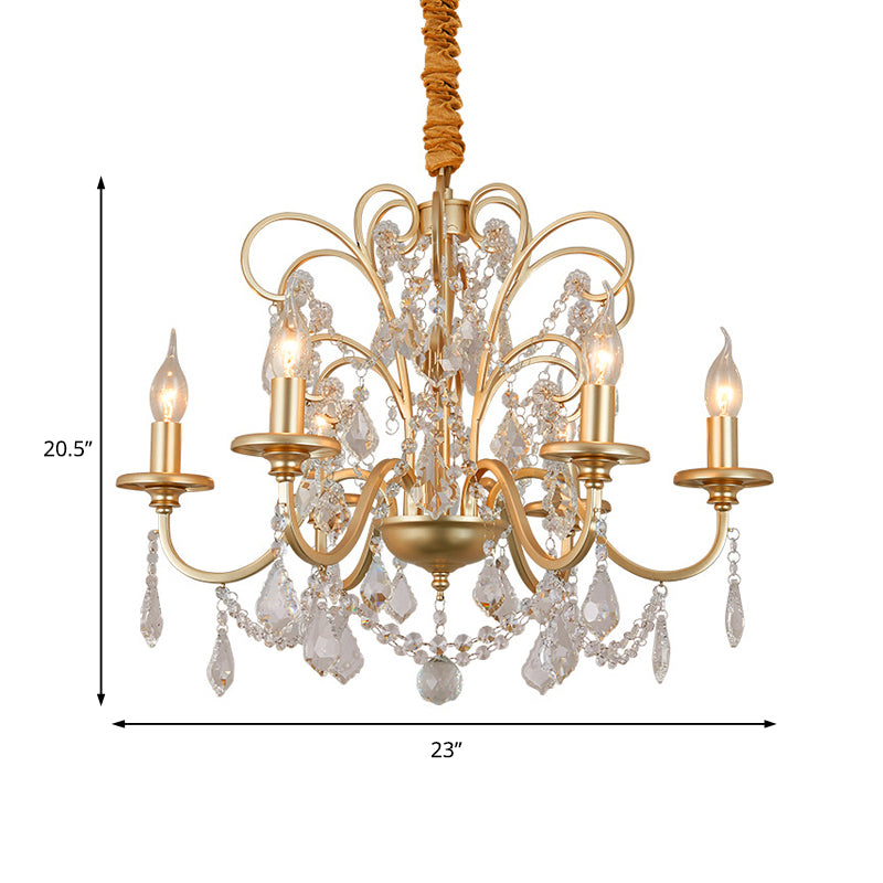 Flameless Candle Metal Pendant Chandelier Light Vintage Gold 3/6-Heads Hanging Lamp with Crystal Decoration Clearhalo 'Ceiling Lights' 'Chandeliers' 'Modern Chandeliers' 'Modern' Lighting' 151771