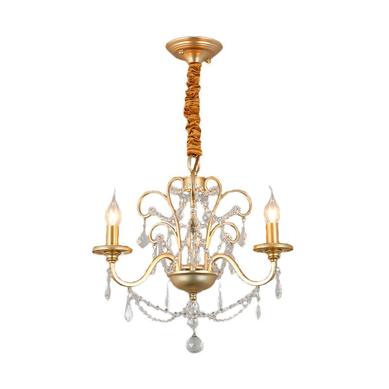 Flameless Candle Metal Pendant Chandelier Light Vintage Gold 3/6-Heads Hanging Lamp with Crystal Decoration Clearhalo 'Ceiling Lights' 'Chandeliers' 'Modern Chandeliers' 'Modern' Lighting' 151773