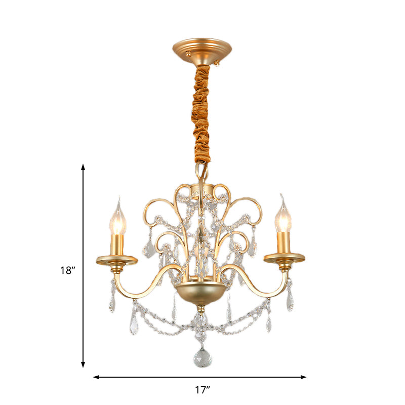 Flameless Candle Metal Pendant Chandelier Light Vintage Gold 3/6-Heads Hanging Lamp with Crystal Decoration Clearhalo 'Ceiling Lights' 'Chandeliers' 'Modern Chandeliers' 'Modern' Lighting' 151774