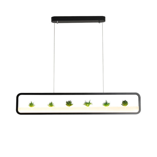 Metal Rectangular Chandelier Modernist Led 27.5" Wide Ceiling Hung Light in White/Black with Artificial Plant, White/Warm Light Clearhalo 'Ceiling Lights' 'Chandeliers' 'Modern Chandeliers' 'Modern' Lighting' 151851
