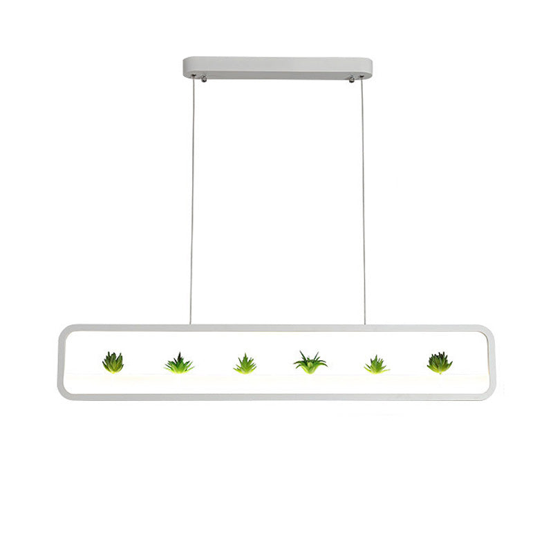 Metal Rectangular Chandelier Modernist Led 27.5" Wide Ceiling Hung Light in White/Black with Artificial Plant, White/Warm Light Clearhalo 'Ceiling Lights' 'Chandeliers' 'Modern Chandeliers' 'Modern' Lighting' 151854