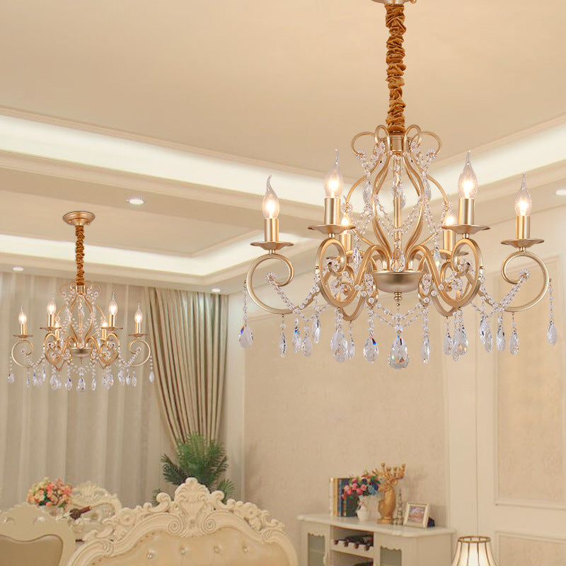 French Country Candle Hanging Chandelier Light Metal 3/6/8 Lights Pendant Lamp with Crystal Bead in Gold 6 Gold Clearhalo 'Ceiling Lights' 'Chandeliers' 'Modern Chandeliers' 'Modern' Lighting' 151872